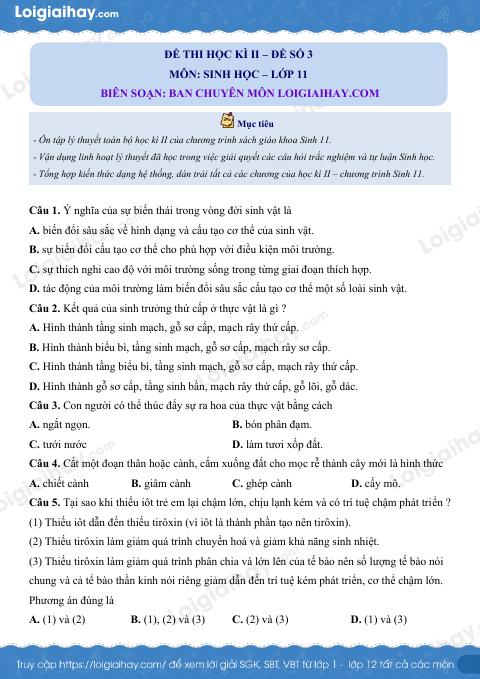 Đề số 3 – Đề kiểm tra học kì 2 – Sinh 11
